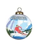 Colorado Skiing Hand-Painted Glass Christmas Ornament–Colorado Mountains & Skier Scene – Gift Boxed Keepsake for Winter Sports Lovers & Travelers