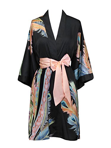 Women s Charmeuse Kimono Robe Short - Watercolor Floral - Peacock Feather- Black