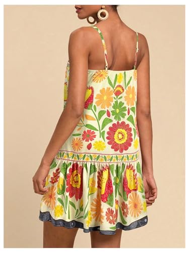 Image of RoseSeek Women's Floral Boho Flowy Mini Cami Dress Ruffle Hem Spaghetti Strap Vacation Tank Dresses
