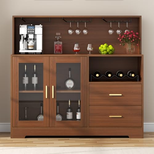 Image of Bar Cabinet for Home with LED Light,Coffee Bar Cabinet w / Wine & Glass Rack | Kitchen Buffet Sideboard with Storage Cabinet&Drawers, Modern Liquor Cabinet for Living Room Dining Room (Brown)