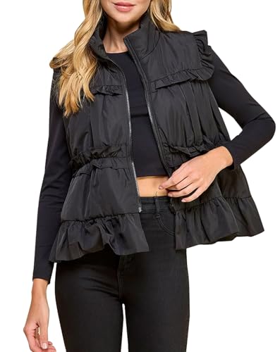 Womens Ruffle Puffer Vest Winter Warm Zip Up Stand Collar Back Bow Padded Gilet with Pockets