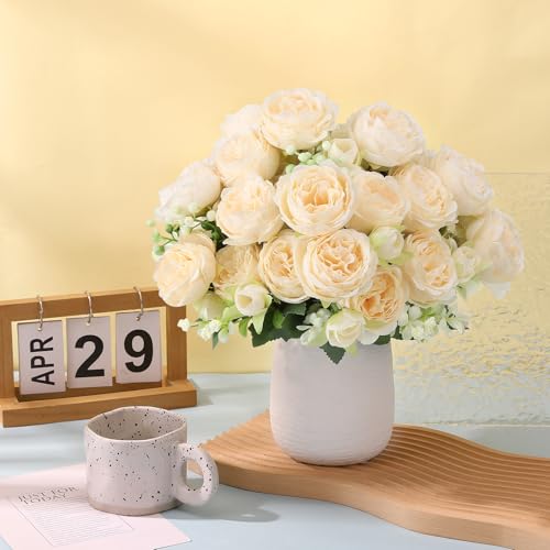 Image of 8 Pack Champagne Peonies Artificial Flowers, Cream Fake Silk Hydrangea Bouquet for Bridal Wedding Home Table Decor Reusable Dining Opening Ceremony Birthday Arrangement Faux Floral