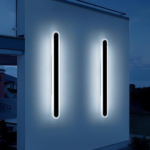 2 Pack 47.2inch Modern Outdoor Wall Sconce, Dimmable Oval Exterior LED Light Fixture 3000K-6000K, IP65 Waterproof, Black Strip Wall Mount Lighting for Balcony, Garden, Patio with Remote Control