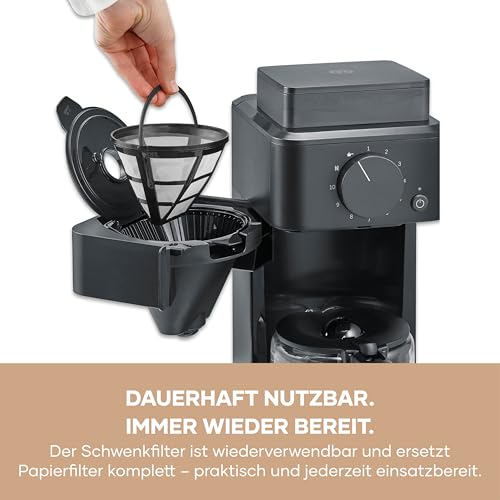 Severin Filter-Kaffeemaschine mit Glaskanne, individueller Mahlgrad, 10 Tassen, 1,25L, Tropfstopp, inkl. Löffel, Permanentfilter, Reinigungsbürste, automatische Abschaltung, 1000W, schwarz, KA 9215 5