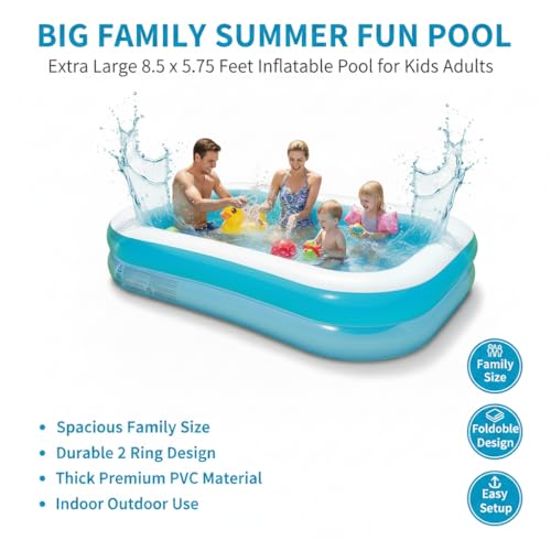Image of Coku Family Inflatable Swimming Pool for Kids & Adults | 3-Ring Rectangular Extra Large Pool, Thick PVC Foldable Bathtub, 8.5 x 5.75 Feet for Backyard, Garden, Indoor Outdoor Summer Use