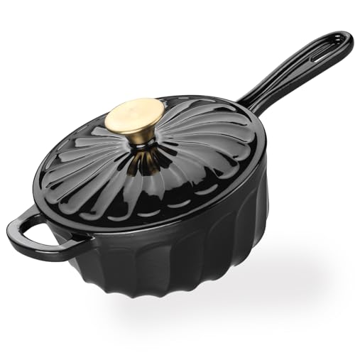 Enameled Cast Iron Sauce Pan, 2 Quart Enameled Milk Sauce Oven, Mini Dutch Oven Enamel Saucepan for Cooking Pasta Sauce, Gravy, Puddings, Marinate, Boiling (Black)