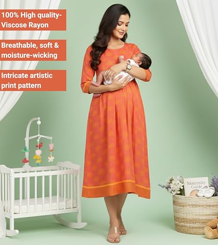 Image of DUMMY SHAPE Feeding Kurtis for Women Cotton Rayon | Orange Printed Pregnancy Flare Kurta with Nursing Zippers to Pre & Post Partum | Maternity Dresses | Gifts for Pregnant Woman (D-M-P051-XXXL)