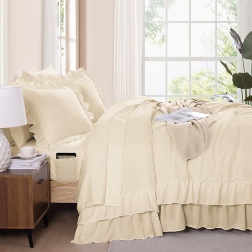 Image of Queen Comforter Set Whisper White Ruffle 7 Pieces Farmhouse Bed in a Bag | Shabby Chic Fluffy All Season Bedding Sets with Sheets, Pillowcases & Shams