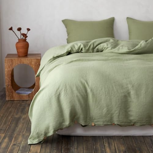 Parure de lit 100% lin Simple&Opulence double housse de couette taie vert sauge - 2