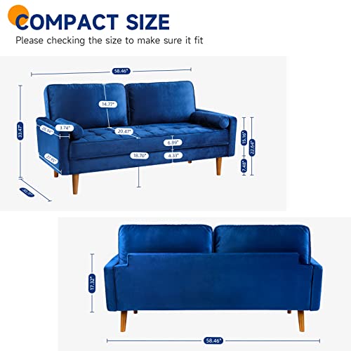 Vesgantti 58 Inch Loveseat Sofa, 2 Seater Sofa For Small Space, Button Tufted Blue Velvet Couch With 2 Pillows, Mid Century Modern Couch W/Armrest, Small Couches For Living Room, Bedroom, Apartment #TOP2