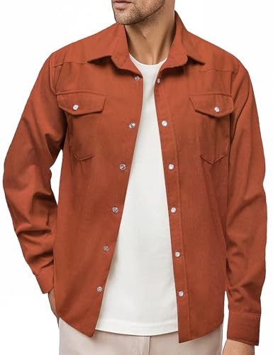 Barry.Wang Mens Corduroy Jacket Shirts Cowboy Lightweight Wrangler Field Western Casual Long Sleeve 2 Flap Pockets2