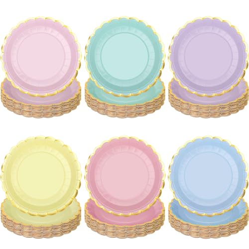 peony man 48 Pcs Pastel Scalloped Paper Plates Disposable Macaron