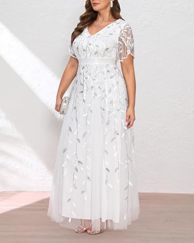 Image of Pinup Fashion Plus Size Formal Dresses - Evening Gowns Wedding Sequin Embroidery V-Neck Prom Long Dress