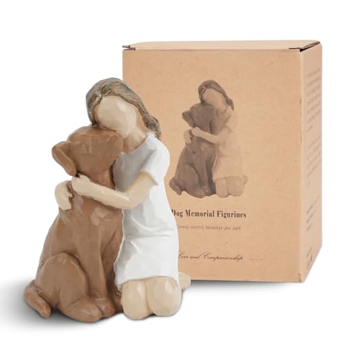 Resin Woman with Dog Figurines, Dog Memorial Gifts, Girl and Dogs Friendship Hand-painted Sculptures for Dogs Lovers, Pet Loss Sympathy Statues for Home Bedroom Living Room Tabletop Shelf Decor