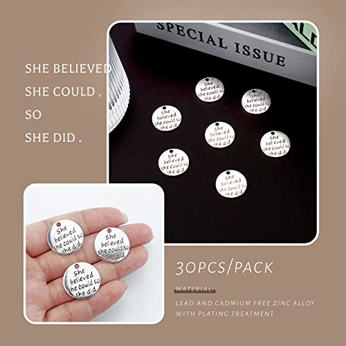 Jialeey USA000309 30Pcs Alloy She Believed She Could So She Did Diy Message Charms Pendant For Crafting Bracelet Necklace Jewelry Making Accessory, Antique Silver Round thumb #2