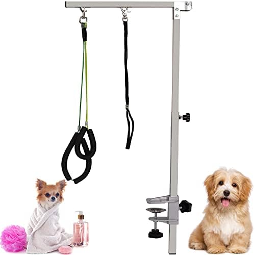 Foldable Pet Grooming Arm with Clamp, 35.5″ Dog/Cat Grooming Loop Noose & Two No Sit Haunch Holder for Medium & Small Pets, Portable Pet Grooming Tool Height Adjustment by Clamp Improved (Silver)