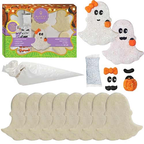 Ghost Cookie Decorating Kit – Halloween Cookie Kit with 8 Pre-Baked Ghost Shaped Vanilla Cookies, White Icing, Glittery Sugar, Edible Accessories – DIY Halloween Activity for Kids, Families, Parties