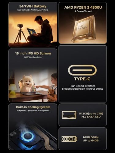 Image of KAIGERR Gaming Laptop, Laptops with AMD Ryzen 4300U(Up to 3.7GHz), 16GB DDR4 512GB SSD Laptop Computer, 16.0inch Windοws 11 Laptop, 1920P FHD Display, WiFi 6, USB3.2, Type C, Webcam Cover Slide