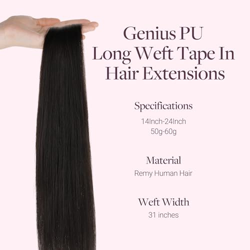 Image of GOO GOO Tape In Weft Hair Extensions Human Hair, Genius PU Long Weft Tape In Hair Extensions Real Human Hair, Silky Easy to Use, 1B Natural black 20 inch 60g