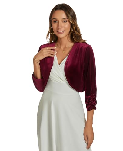 Image of Womens Velvet Bolero Shrug Elegant Open Front Ruched 3 /4 Sleeve Cocktail Party Cropped Cardigan