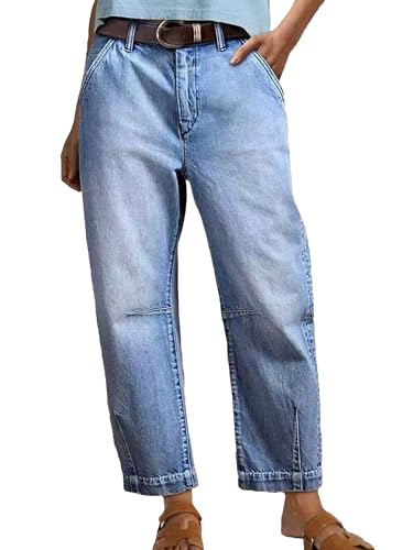 Women's Baggy Cropped Barrel Jeans Trendy Casual Loose Mid Rise Straight Wide Leg Denim Pants with Pockets