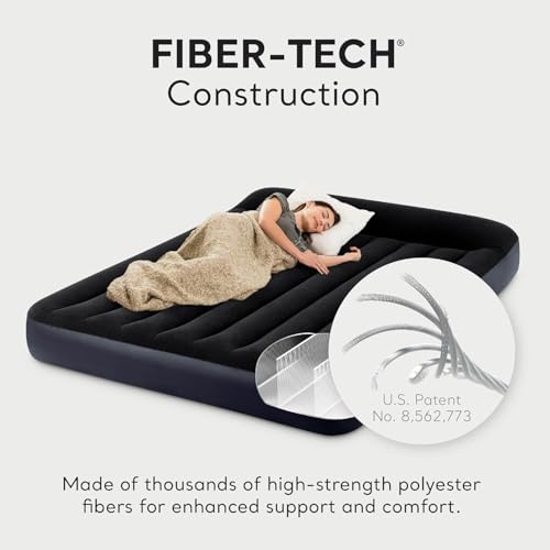 Image of Intex 64765E Dura-Beam Standard Classic Air Mattress with Inflatable Pillows: Fiber-Tech - Queen Size - Hand Pump - 10in Bed Height - 600lb Weight Capacity