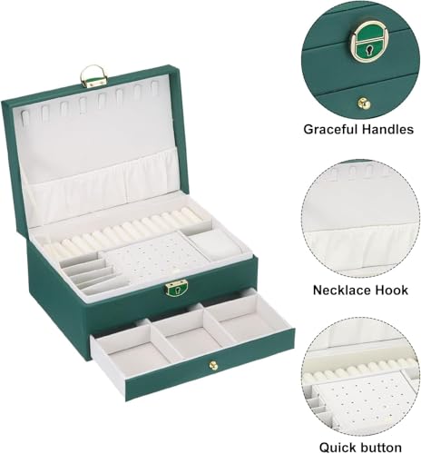 Image of Velvet Three Layer New Vintage Flannel Jewelry Box Earrings Earrings Rings Necklace Bracelets Jewelry Organiser Storage Case With Drawer For Girls Women Dark Green (AB-03)