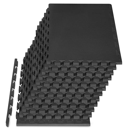 Image of ProsourceFit Weaved Pattern Extra Thick Exercise Puzzle Mat 1-inch, EVA Foam Interlocking Tiles for Protective, Cushioned Flooring for Home and Gym Equipment; Black, 48 SQ FT, 12 Tiles