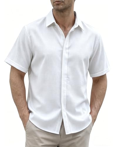 Gavliuu Chemises en Lin pour Homme à Boutons Cachés, Chemise Manches Courtes d'Été Décontractée pour Plage,Blanche,XL