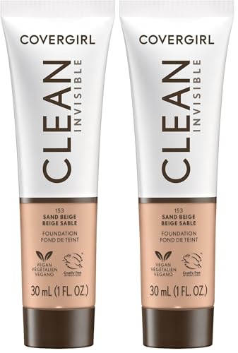 Image of COVERGIRL Clean Invisible Foundation Makeup, Dewy & Glowy Natural Finish, Buildable Coverage, Skin-Like Smooth Look, Vegan, Sand Beige, 1oz (Pack of 2)