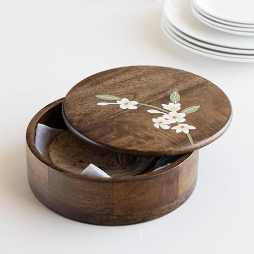 Image of Aurum Crafts Bella Mango Wood Roti Box 8x8 Inch | Handpainted Wooden Chapati Box with Floral Lid | Kitchen Casserole for Roti, Bread Storage & Serving