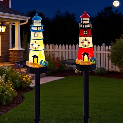YZYOE 2 paquets de solaires rouge et bleu lampes de sol du phare, jardin en résine décorative mignonne lampes du phare, sans fil au crépuscule au...