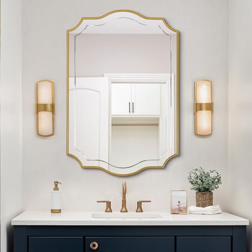 POZINO Gold Scalloped Mirror, 24'x36' Modern Rectangle Aesthetic Mirror with Wood...