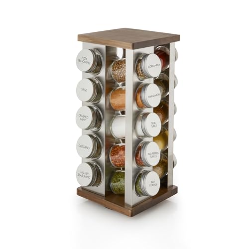 Image of Kamenstein 20 Jar Vintage Revolving Countertop Spice Rack Organizer with Spices Included, FREE Spice Refills for 5 Years, Wood and Stainless Steel with Metal Caps