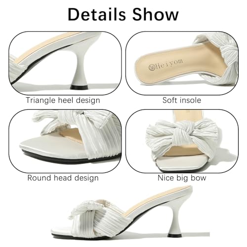 Heiyom Women's Bowknot Low Stilettos Heels Mules Sandals Slip on Pleated Bow Heels Wedding Bridal Party Dress Shoes2