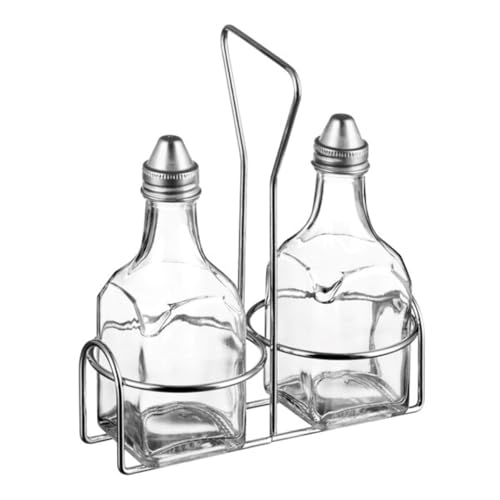 Fonteme 6 Oz. Oil And Vinegar Cruet Set Of 2 | Stainless Steel Chrome Plated Rack | Square Glass Bottles | Salad Dressing Bottles | 6oz, Clear [1PK]