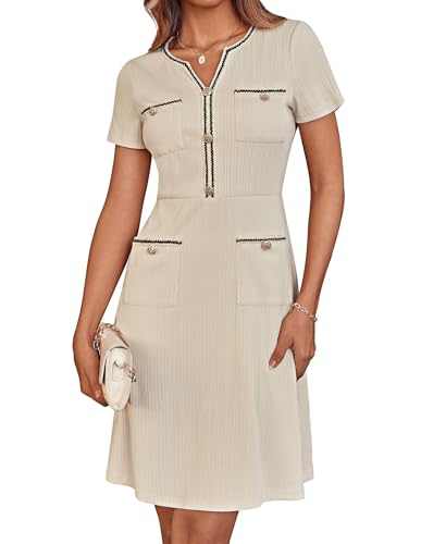 GRACE KARIN Vestidos de mujer con cuello en V, manga corta, bloque de color, línea A, vestidos formales de trabajo con bolsillos, albaricoque, S