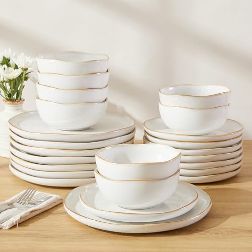 Image of Pokini 24 Piece White Ceramic Plates and Bowls Sets for 8, Reactive Glaze Stoneware with Coastal‑Line Look | Ideal for Holiday Entertaining, Thanksgiving, and Large Family Meals