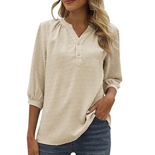 Image of NNGOTD Women's Vest Tops Womens Casual Tunic Blouse V Neck Rolled Up Sleeve Chiffon Elegant Plain Loose Button Down Shirts Polo Tops Khaki Vest Tops for Women UK Tshirts (Beige, XL)