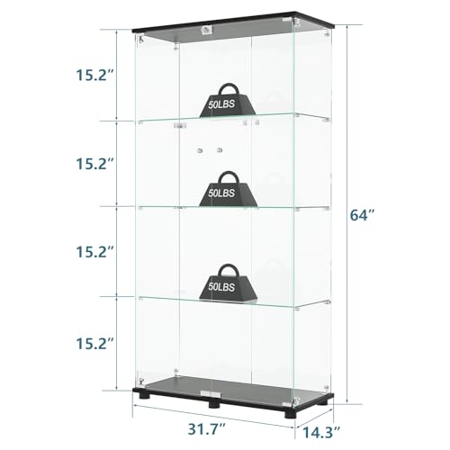 MODCART Glass Display Cabinet with 4-Shelf Double Doors and Lock, Curio Cabinet 5mm Tempered Glass Floor Standing Bookshelf for Living Room, Bedroom, Office, 64 x 31.7 x 14.3 in, Black