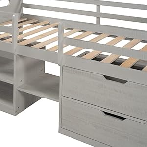 Harper & Bright Designs Twin Loft Bed with Storage, Wooden Low Loft Bed with Two Shelves and Two Drawers, for Kids Teens Girls Boys (Antique Gray) Harper Bright Designs Twin Loft Bed with Storage Wooden Low Loft Bed with Two Shelves and Two Drawers for Kids Teens Girls Boys Antique Gray