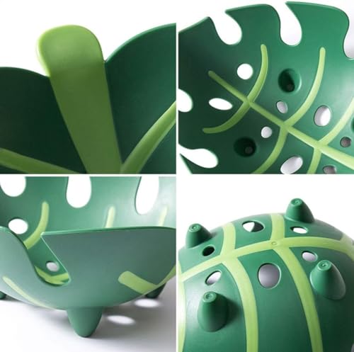 Image of Leaf Wash N Fruit Basket Green Plastic Leaf Shape Strainer Serving Bowl | Multipurpose Fruit & Vegetable Washer, Storage Decorative Tray | Space-Saving Stackable Design, 34x27x11 cm