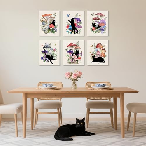 Image of CHDITB Black Cat Canvas Wall Art, Vintage mushroom and cat Wall Decor, Nature Artwork Fantasy Fungus Feline Poster Retro Aesthetic Art Prints For Cats Lover Living Room Bedroom Decor (8X10 Inch)