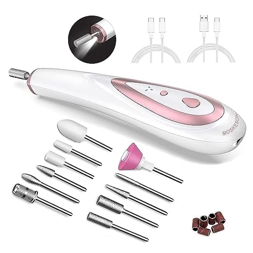 MOSKESON Ponceuse pour Ongles,11 en1 Lime à Ongles Électrique Professionnel avec lumière LED,Manucure et Pédicure Kit Lime à Ongles Portable Sans Fil（Rose）