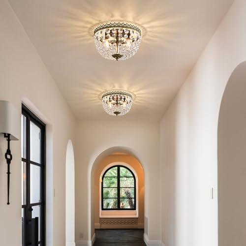 3 Lights French Empire K9 Crystal Flush Mount Chandelier Lighting Antique Ceiling Light Fixture for Dining Room Entrance Hallway Bedroom Kitchen Bathroom Bar, E12 Bulbs W12 .6 inch X H8.27inch