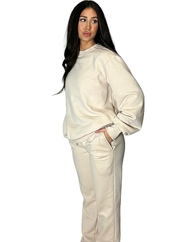 Women's Sweatsuit Set - Crewneck Sweatshirt + Drawstring Straight Leg Sweatpants 2-Piece Lounge Set Thick Fleece Tracksuit Oat (Beige) #TOP2