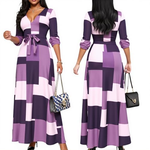 Image of Women's Church Maxi Wrap V Neck 3 /4 Sleeve Tie Waist Plus Size Long Dress | Flattering wrap V-neck design enhances curves. High elastic tie waist accentuates the slimmest part, hides tummy.