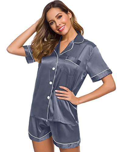 Image of SWOMOG Womens Silk Satin Pajamas Short Sleeve Sleepwear Button Down Loungewear Two-Piece Pj Set Deep Gray