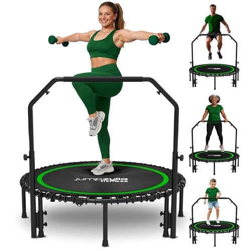 Jumpzylla Fitness Rebounder Trampoline for Adults, Mini Trampoline for Adults with Bar and Elastic Bands, Family Kids & Adult Exercise Trampolines Indoor/Outdoor, 550lbs, 48 inch (Green)
