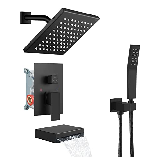 Exclusive Aolemi Matte Black Rainfall Shower System 8 Inch Shower Head Combo Set Waterfall Tub Filler Handheld Shower Luxury Pressure Balance Rough-In Valve Included Wall Mount Bathroom Shower Mixer Faucet
